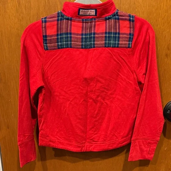 Vineyard Vines Kids Red Quarter-Zip Hoodie with Plaid Accents - Picture 4 of 5